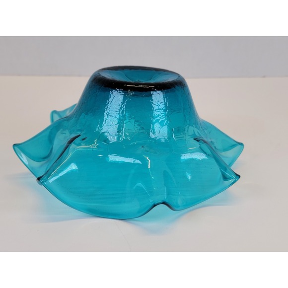 Vintage Blenko Glass Bowl Crackle Fluted Crimped Blue 9" - Picture 5 of 7